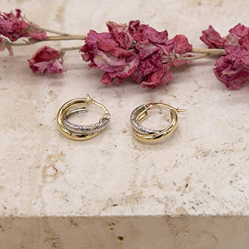 9ct Yellow and White Gold Diamond Cut Crossover Hoop Earrings - NiaYou Jewellery