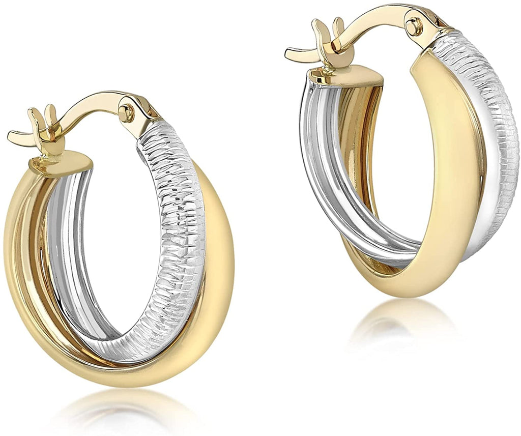 9ct Yellow and White Gold Diamond Cut Crossover Hoop Earrings - NiaYou Jewellery