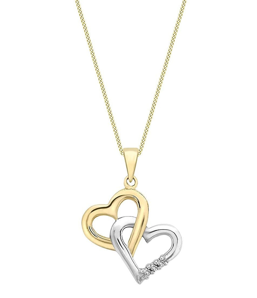 9ct Yellow and White Gold Diamond Double Heart Pendant Necklace - NiaYou Jewellery