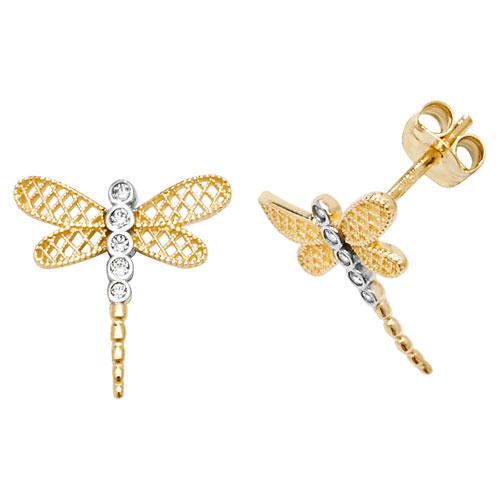 9Ct Yellow and White Gold Dragonfly with CZ Stud Earrings - NiaYou Jewellery