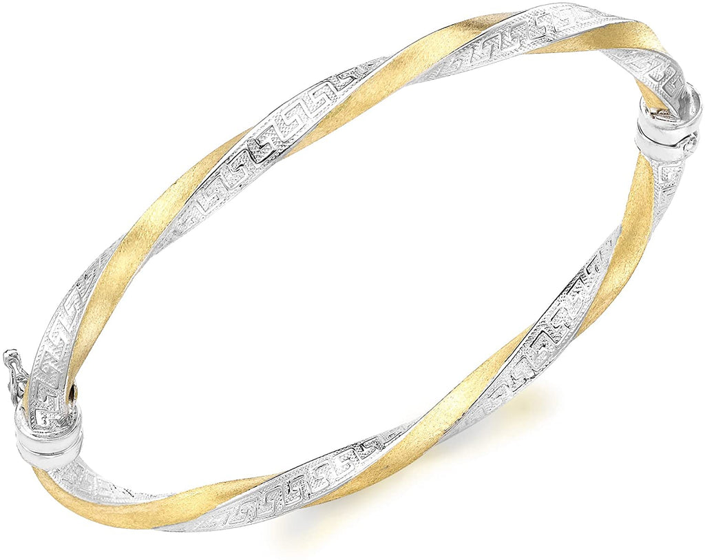 9ct Yellow and White Gold Greek Key Satin Twist Bangle - NiaYou Jewellery