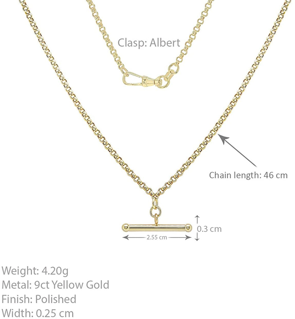 9ct Yellow Gold Belcher Chain T- Bar Necklace Albert Clasp - NiaYou Jewellery