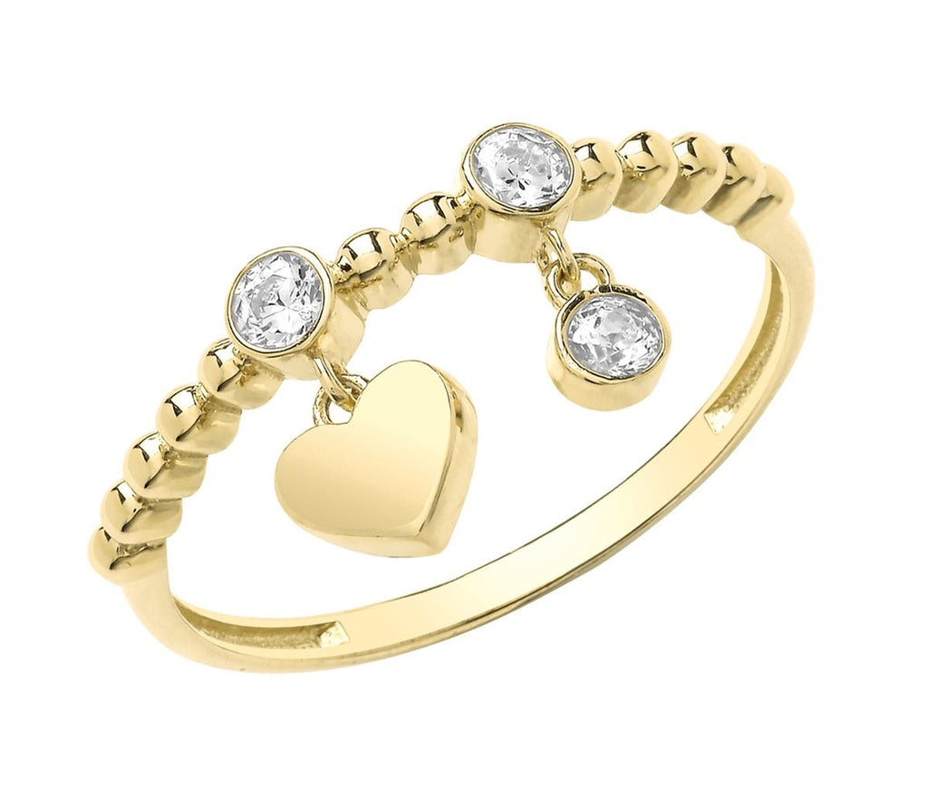 9ct Yellow Gold Bubble Ring with Heart and Round Cubic Zirconia Charm - NiaYou Jewellery