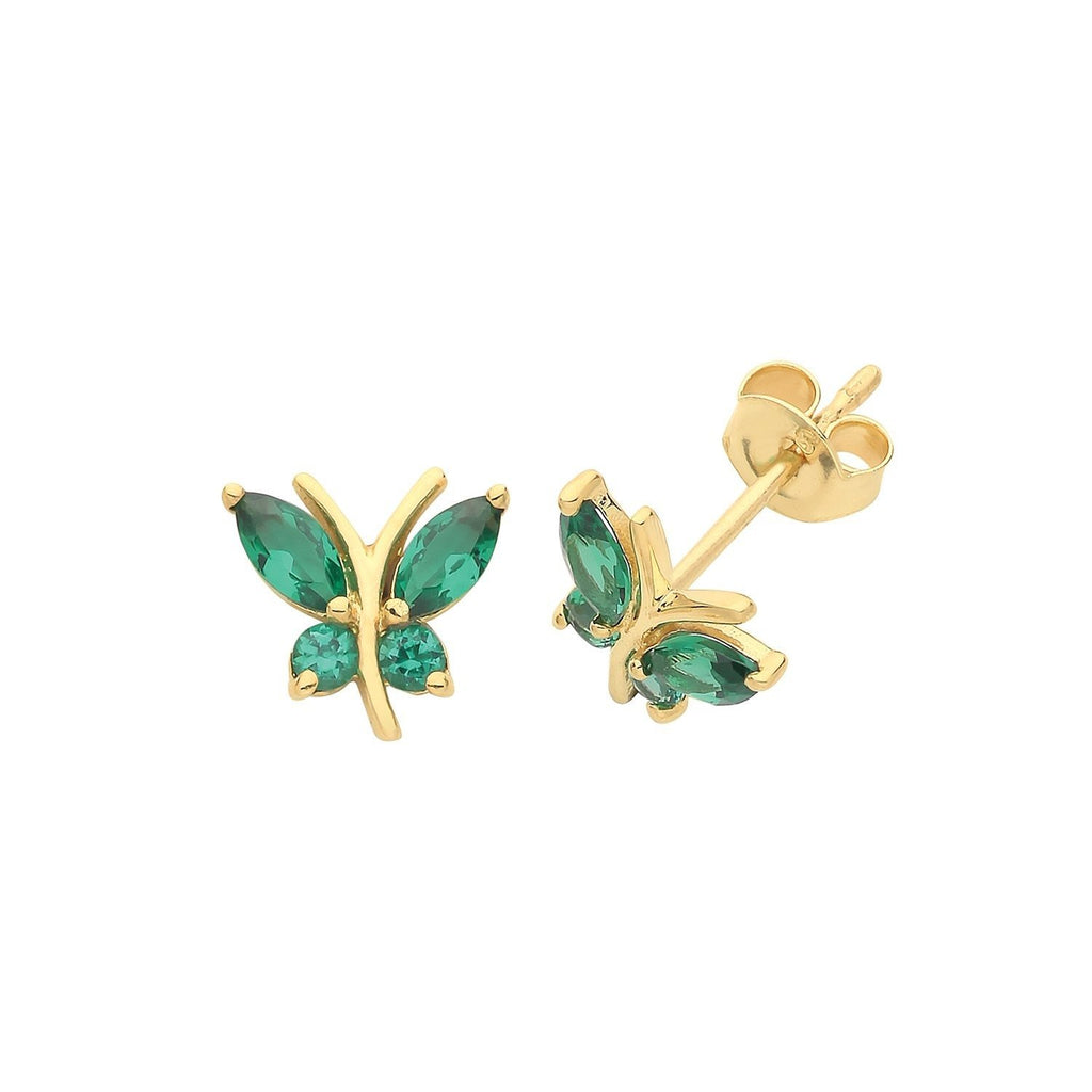 9ct Yellow Gold Butterfly with Green Emerald Stud Earrings - NiaYou Jewellery