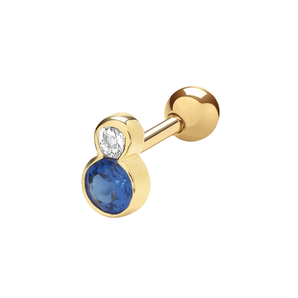 9ct Yellow Gold Clear Blue Cubic Zirconia Cartilage Piercing Stud Earring - NiaYou Jewellery