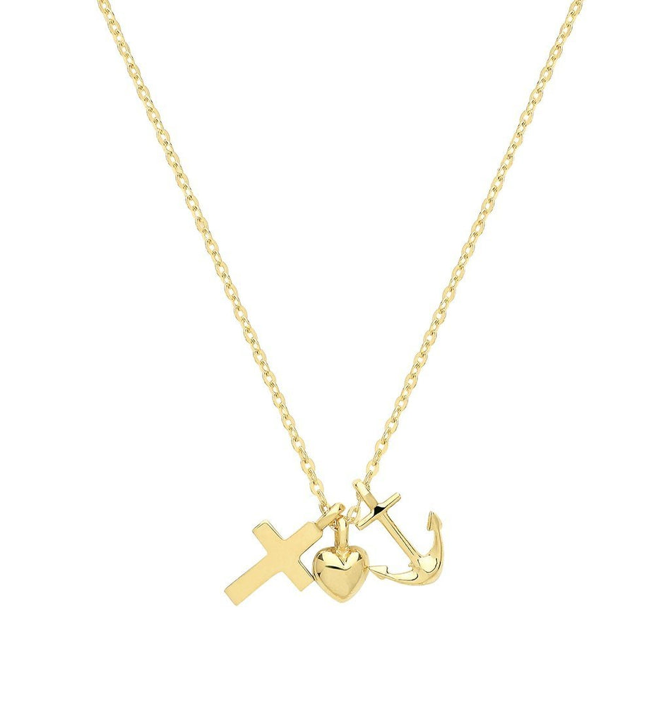 9ct Yellow Gold Cross Heart Anchor Pendant Necklace - NiaYou Jewellery
