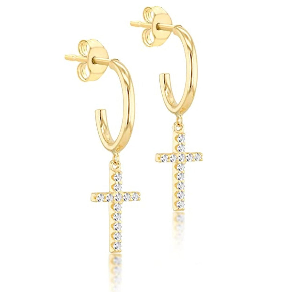 9ct Yellow Gold Cubic Zirconia Cross Charm on Hoop Earrings - NiaYou Jewellery