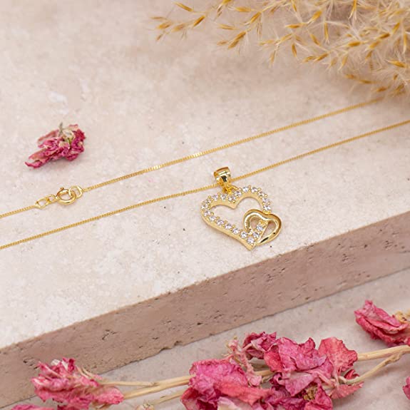 9ct Yellow Gold Cubic Zirconia Double Heart Pendant Necklace - NiaYou Jewellery