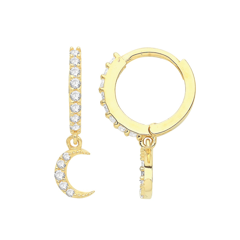 9ct Yellow Gold Cubic Zirconia Hinged Hoop Earrings with Moon Drop - NiaYou Jewellery