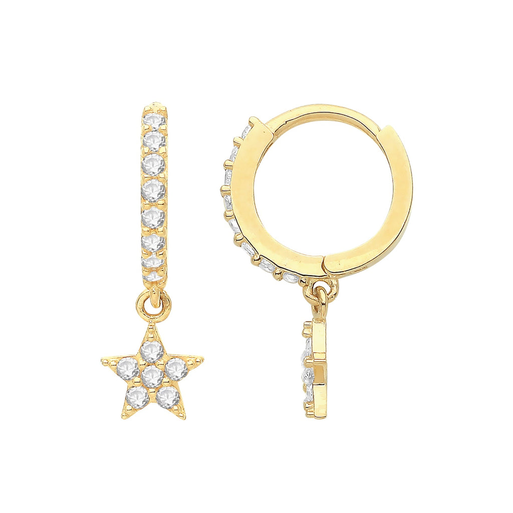 9ct Yellow Gold Cubic Zirconia Hinged Hoop Earrings with Star Drop - NiaYou Jewellery