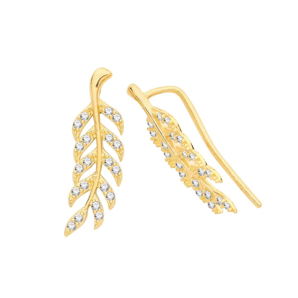 9ct Yellow Gold Cubic Zirconia Leaf Ear Climbers - NiaYou Jewellery