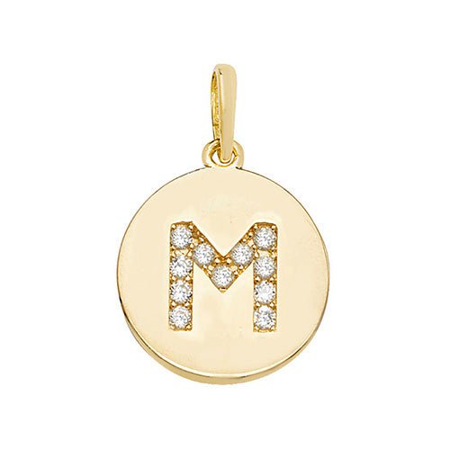 9ct Yellow Gold Cubic Zirconia Round Pendant Initial M - NiaYou Jewellery