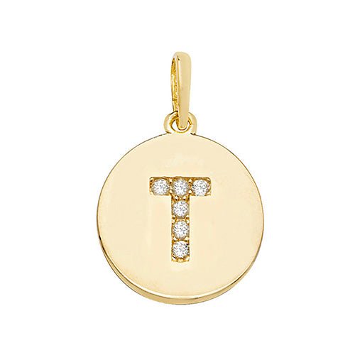 9ct Yellow Gold Cubic Zirconia Round Pendant Initial T - NiaYou Jewellery