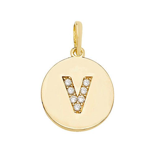 9ct Yellow Gold Cubic Zirconia Round Pendant Initial V - NiaYou Jewellery