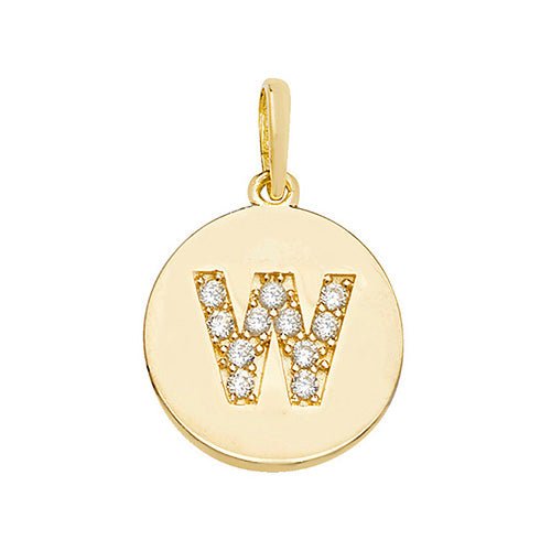 9ct Yellow Gold Cubic Zirconia Round Pendant Initial W - NiaYou Jewellery