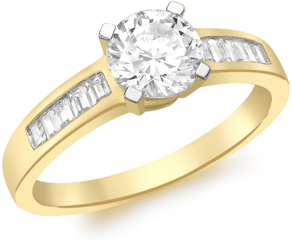 9ct Yellow Gold Cubic Zirconia Solitaire and Baguette Shoulder Ring - NiaYou Jewellery