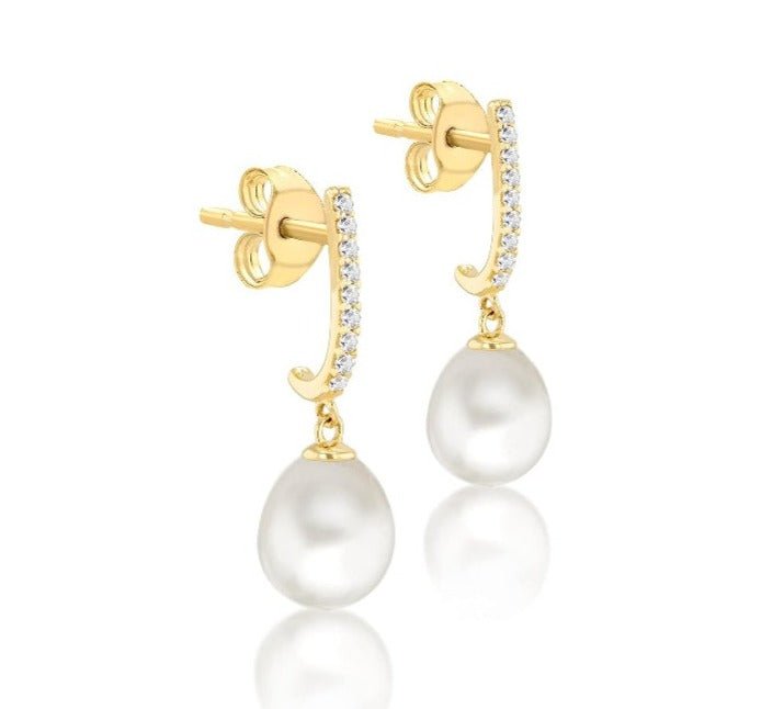 9ct Yellow Gold Cubic Zirconia Teardrop Pearl Drop Earrings - NiaYou Jewellery