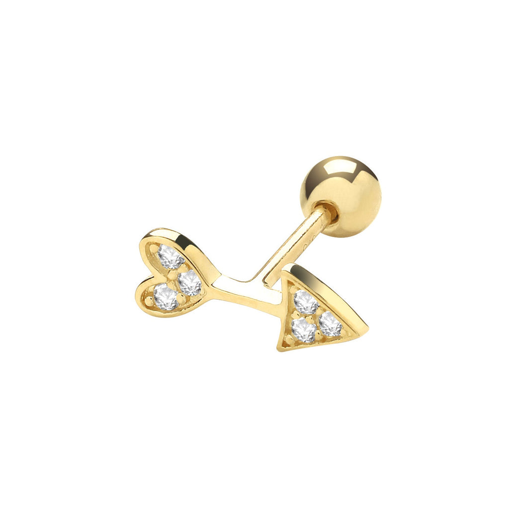 9ct Yellow Gold CZ Arrow and Heart Cartilage Stud Earring - NiaYou Jewellery