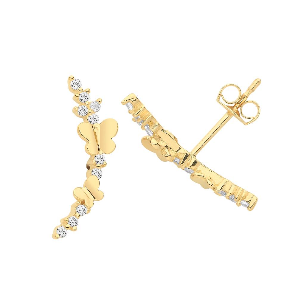 9ct Yellow Gold CZ Butterfly Climber Stud Earrings - NiaYou Jewellery