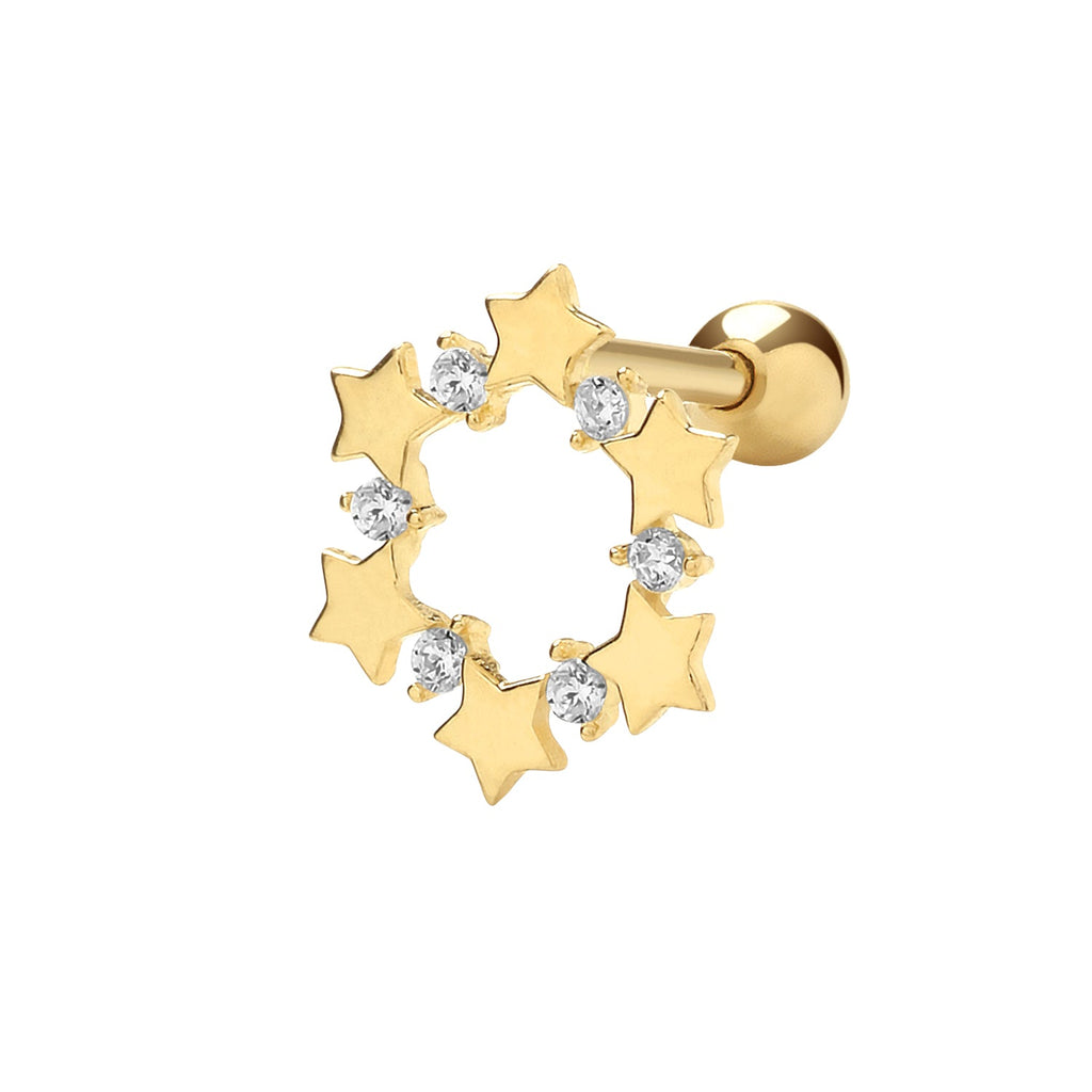 9ct Yellow Gold CZ Circle of Star Cartilage Post Stud Earring - NiaYou Jewellery