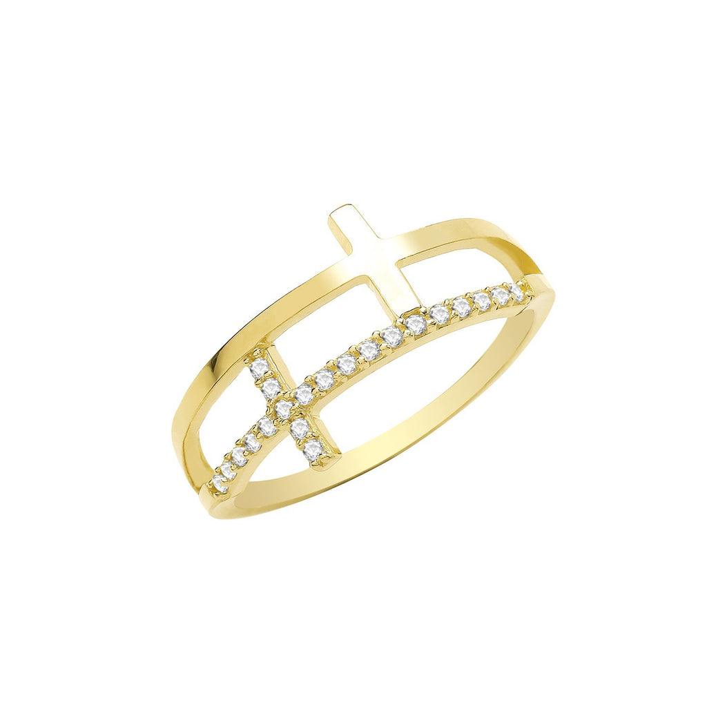 9CT Yellow Gold CZ Double Cross Ring - NiaYou Jewellery