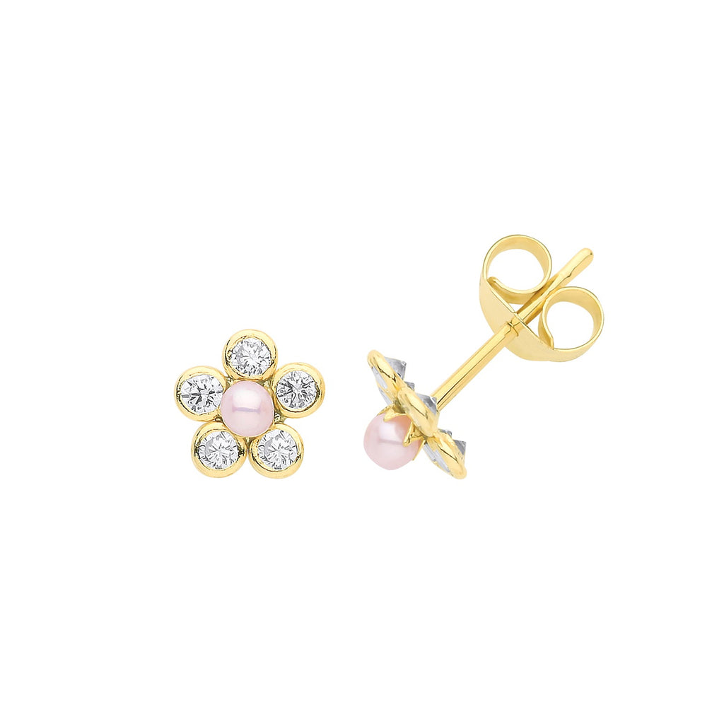 9ct Yellow Gold CZ Flower with Pearl Stud Earrings - NiaYou Jewellery