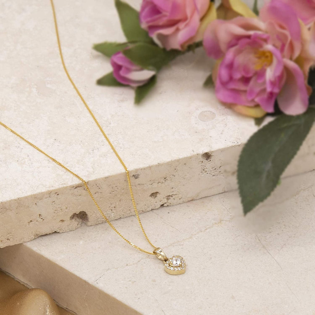 9ct Yellow Gold CZ Halo Heart Pendant Necklace - NiaYou Jewellery
