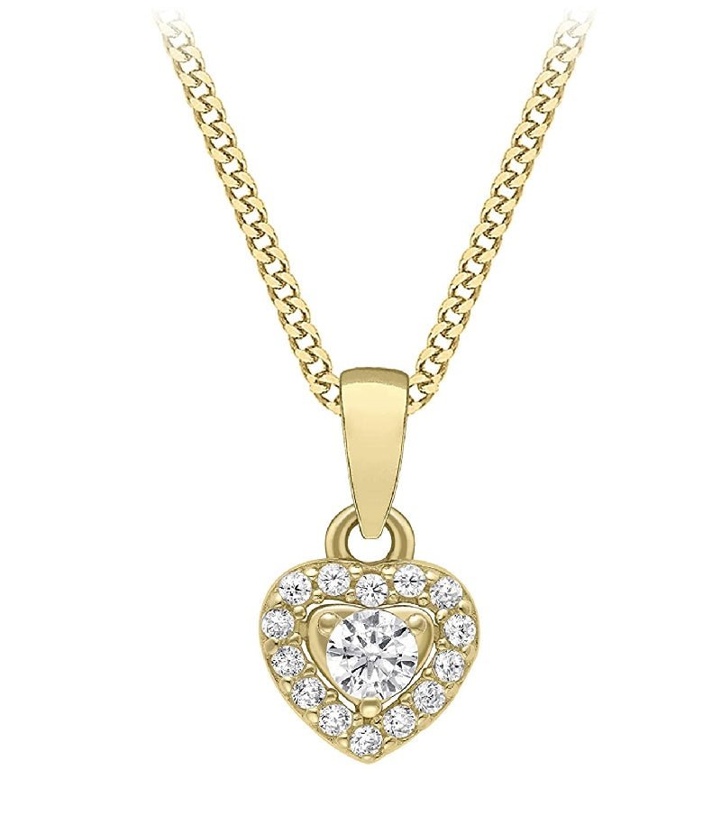 9ct Yellow Gold CZ Halo Heart Pendant Necklace - NiaYou Jewellery