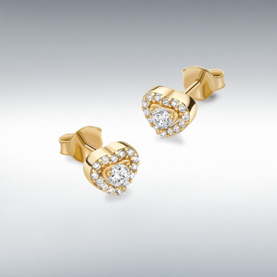 9ct Yellow Gold CZ Halo Heart Stud Earrings - NiaYou Jewellery