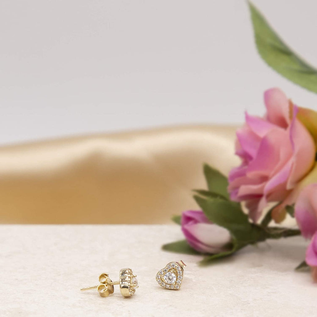 9ct Yellow Gold CZ Halo Heart Stud Earrings - NiaYou Jewellery