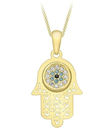 9ct Yellow Gold CZ Hamsa Evil Eye Pendant Necklace - NiaYou Jewellery