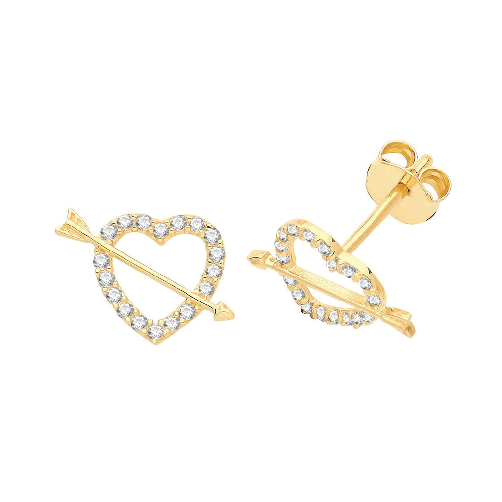 9ct Yellow Gold CZ Heart with Arrow Stud Earrings - NiaYou Jewellery