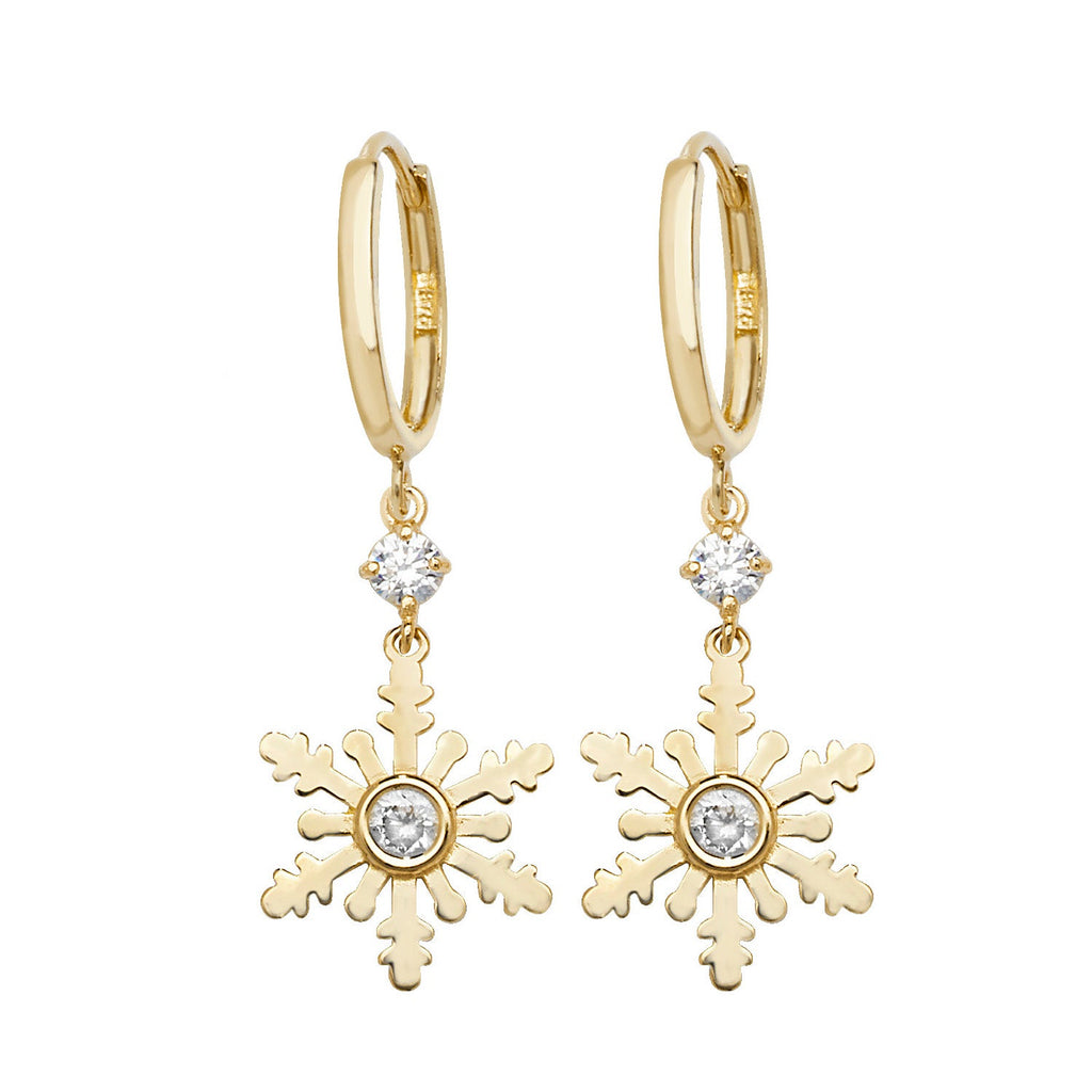 9ct Yellow Gold CZ Hinged Hoop Earrings with Snowflake Drop - NiaYou Jewellery