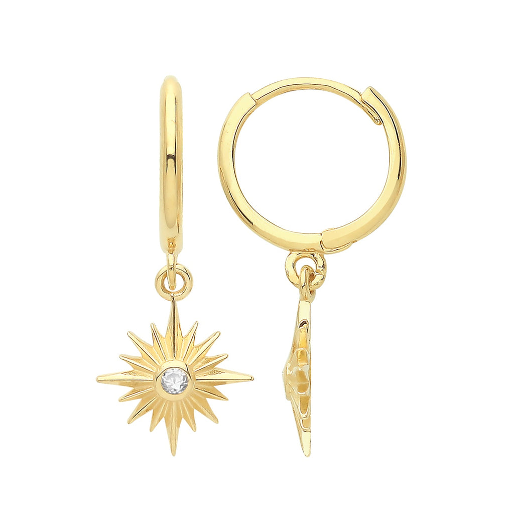 9ct Yellow Gold CZ Hinged Hoop Earrings with Starburts Drop - NiaYou Jewellery
