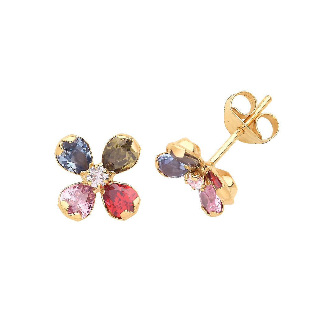 9ct Yellow Gold CZ Multicolour Flower Stud Earrings - NiaYou Jewellery
