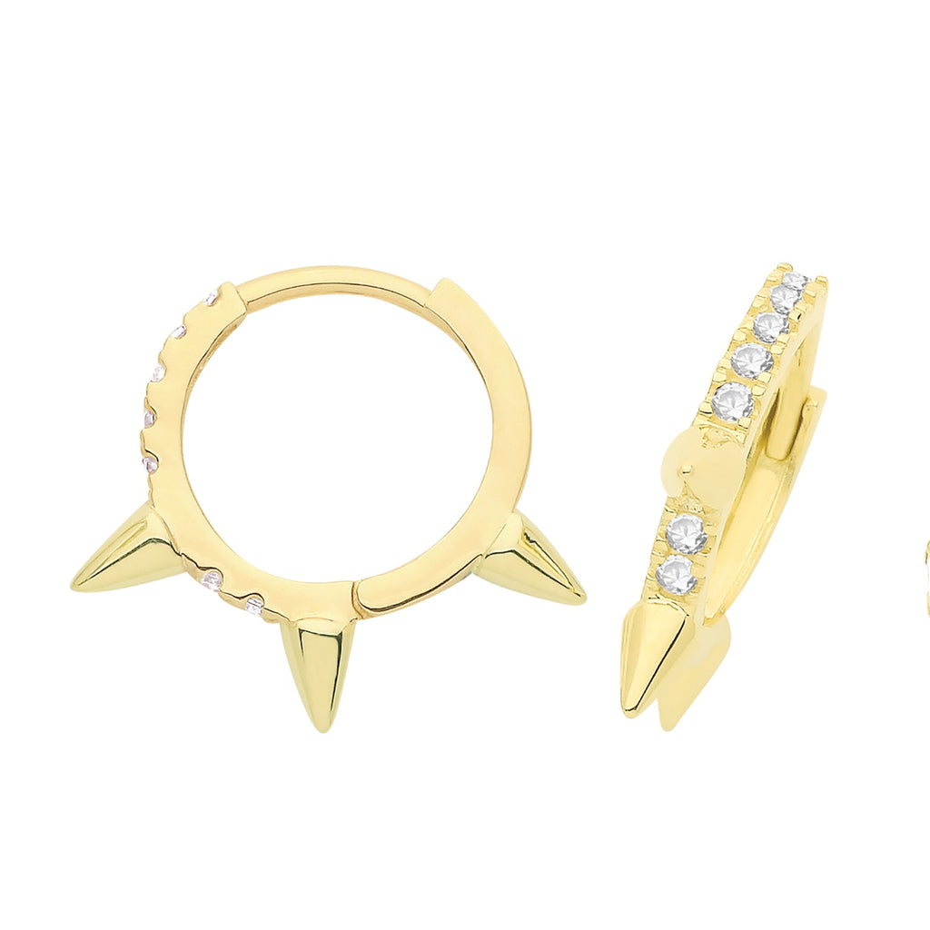 9ct Yellow Gold CZ Three Spike Hinged Hoop Earrings - NiaYou Jewellery