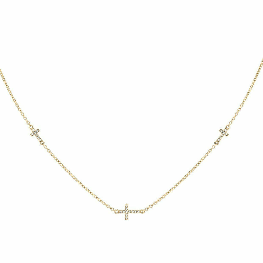 9ct Yellow Gold CZ Triple Cross Cubic Zirconia Necklace - NiaYou Jewellery