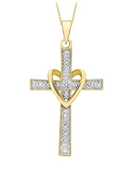 9ct Yellow Gold Diamond and Heart Cross Pendant Necklace - NiaYou Jewellery