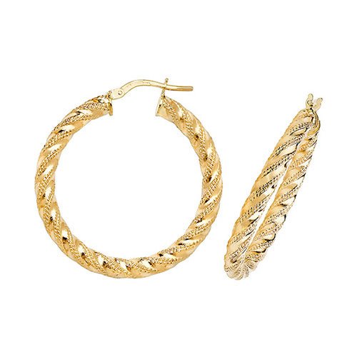 9ct Yellow Gold Diamond Cut Twist Hoop Earrings 25 MM - NiaYou Jewellery