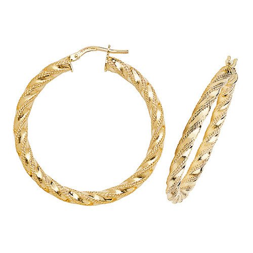 9ct Yellow Gold Diamond Cut Twist Hoop Earrings 30 MM - NiaYou Jewellery