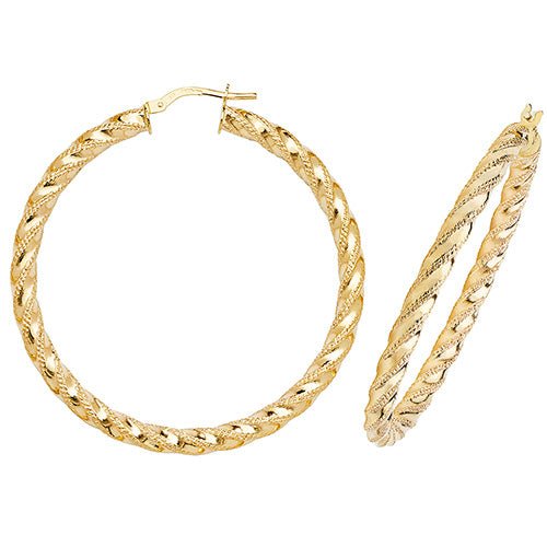 9ct Yellow Gold Diamond Cut Twist Hoop Earrings 40 MM - NiaYou Jewellery