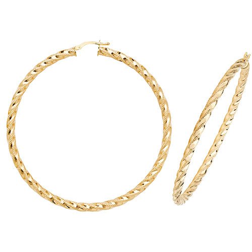 9ct Yellow Gold Diamond Cut Twist Hoop Earrings 60 MM - NiaYou Jewellery