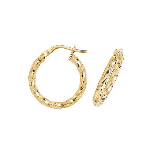 9ct Yellow Gold Diamond Cut Twisted Hoop Earrings 15 mm - NiaYou Jewellery