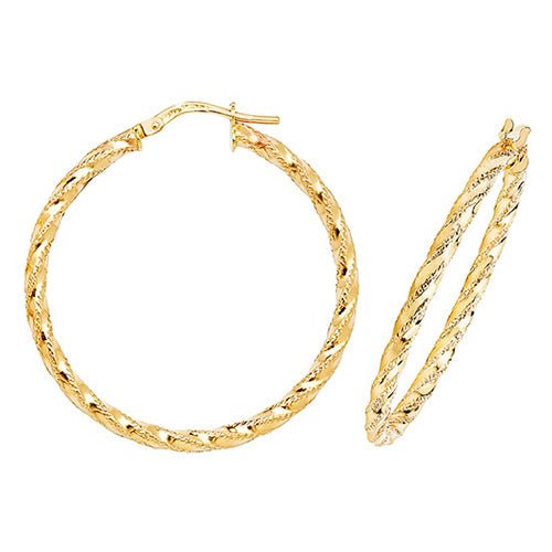 9ct Yellow Gold Diamond Cut Twisted Hoop Earrings 30 MM - NiaYou Jewellery