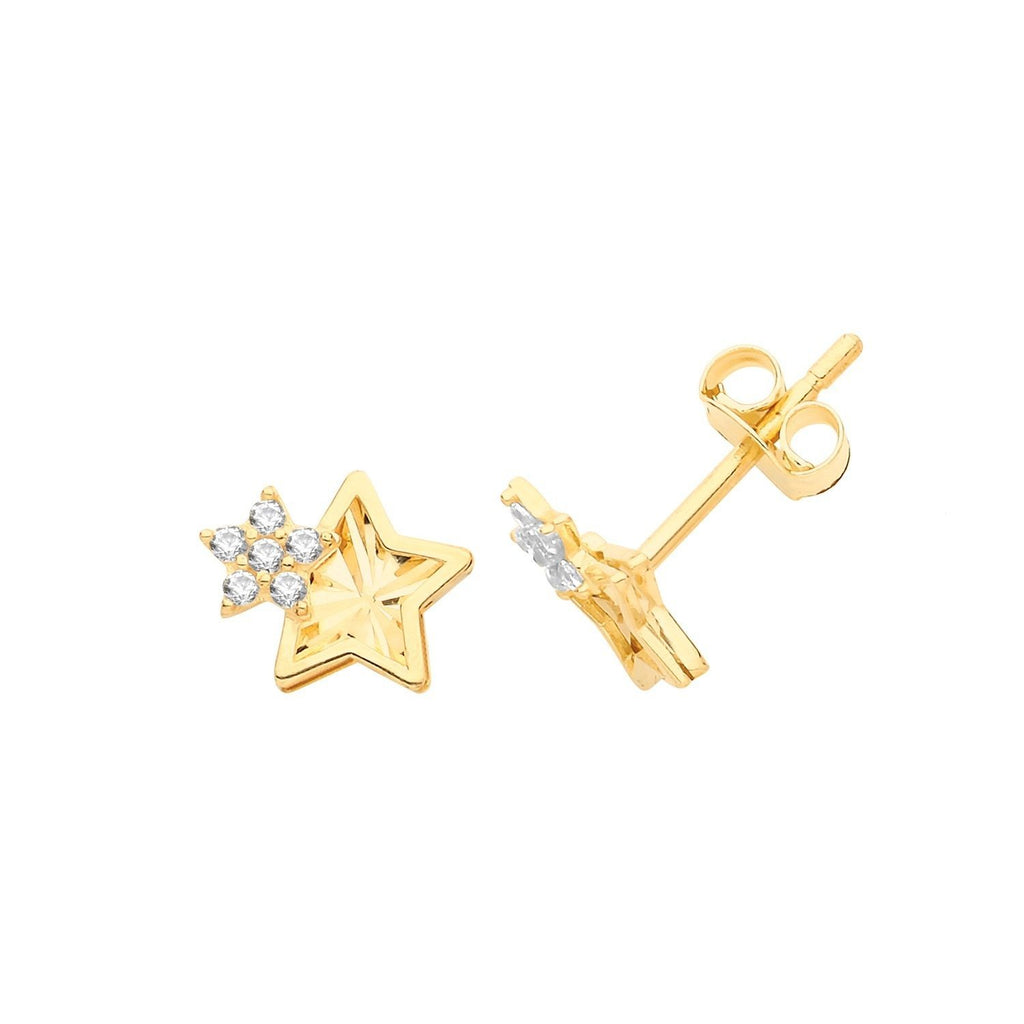 9ct Yellow Gold Double Star Stud Earrings with Cubic Zirconia - NiaYou Jewellery