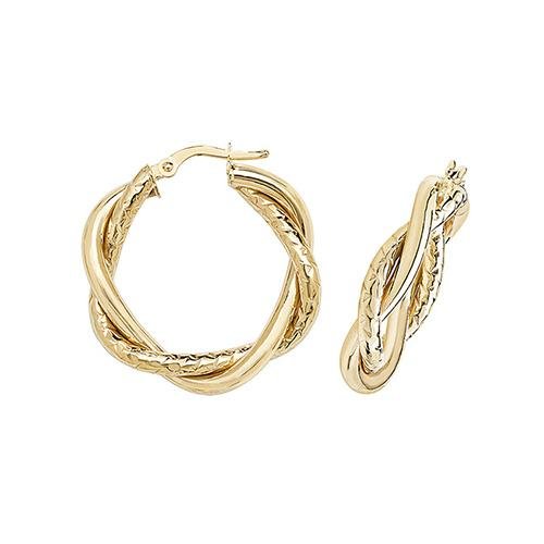 9ct Yellow Gold Double Twist Diamond Cut Hoop Earrings 20 MM - NiaYou Jewellery