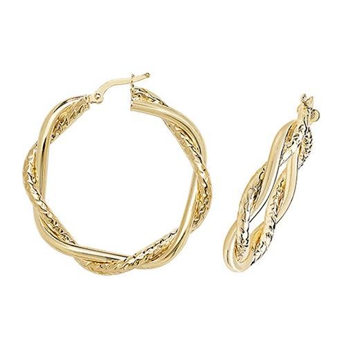 9ct Yellow Gold Double Twist Diamond Cut Hoop Earrings 30 MM - NiaYou Jewellery