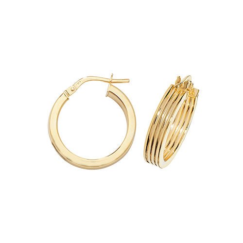 9ct Yellow Gold Flat Ribbed Hoop Earrings 15 MM - NiaYou Jewellery