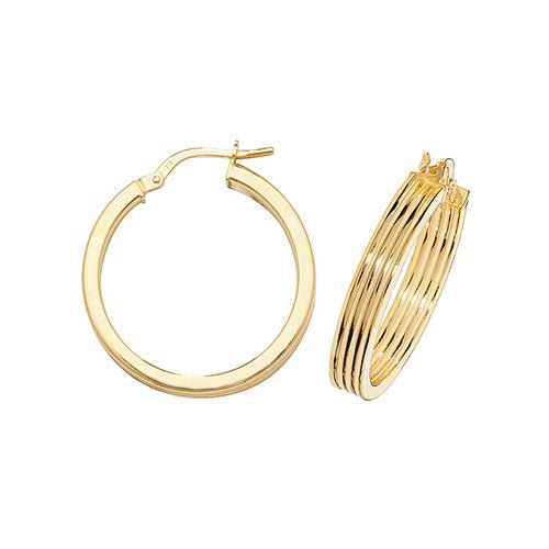 9ct Yellow Gold Flat Ribbed Hoop Earrings 20 MM - NiaYou Jewellery