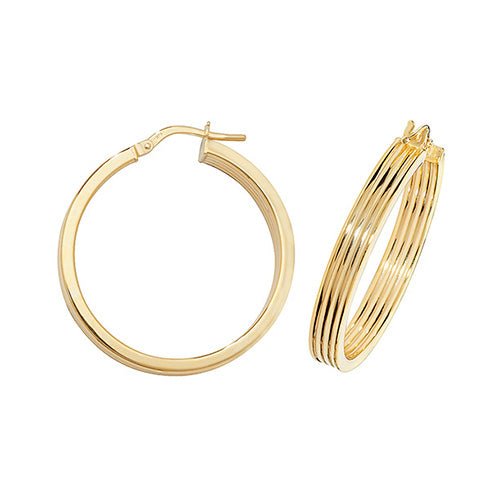 9ct Yellow Gold Flat Ribbed Hoop Earrings 25 MM - NiaYou Jewellery